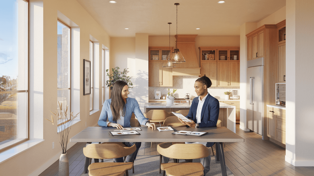 A couple reviewing home listing documents with a real estate agent at a kitchen table, natural light, contemporary Albuquerque home interior visible