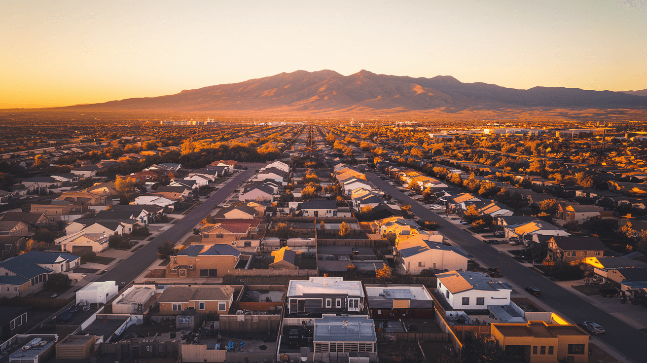 Aerial view of Albuquerque residential neighborhoods stretching toward the Sandia Mountains at golden hour, showing the density of the Northeast Heights and mid-city housing stock