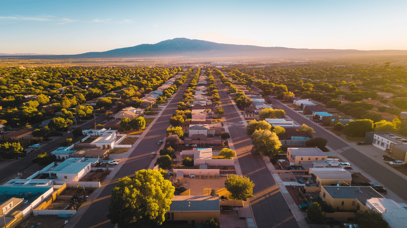 Aerial view of the Albuquerque metro at golden hour, Sandia Mountains glowing pink in the background, residential neighborhoods stretching from the Rio Grande bosque to the foothills