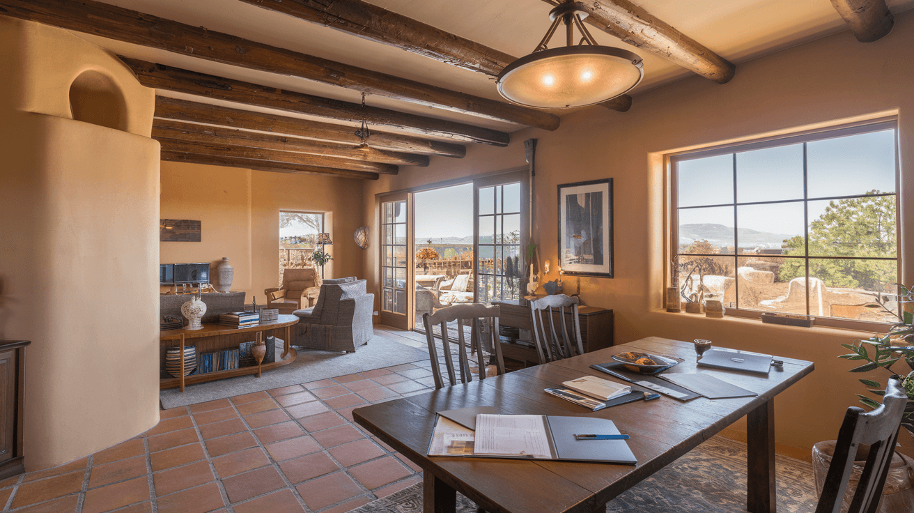 A couple reviewing home listing documents at a kitchen table, natural light, Albuquerque-style architectural details visible including vigas and tile work