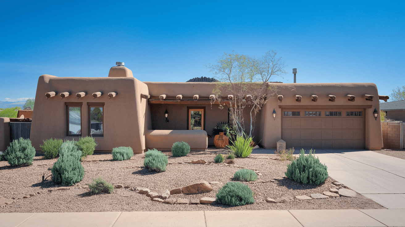 A well-maintained adobe home in Albuquerque's Northeast Heights neighborhood, mature landscaping, Sandia Mountain backdrop visible, late afternoon light