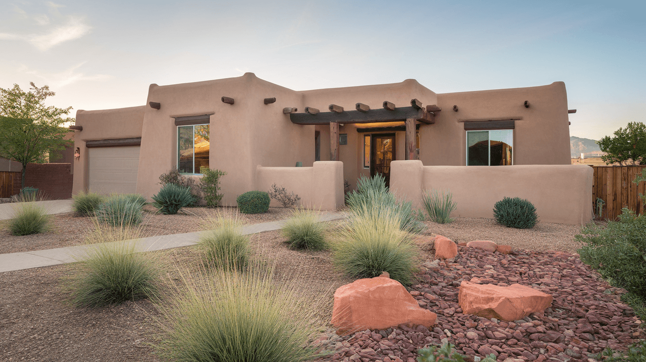 A well-maintained single-story stucco home with xeriscaped front yard, red rock landscaping, and mountain views in the Northeast Heights neighborhood of Albuquerque, New Mexico, late afternoon light