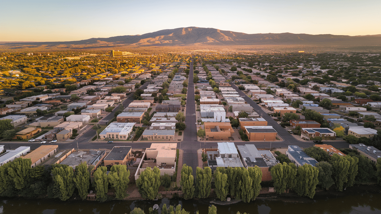 Aerial view of Albuquerque residential neighborhoods stretching toward the Sandia Mountains at golden hour, showing the density of the Northeast Heights and the open terrain of the East Mountains beyond