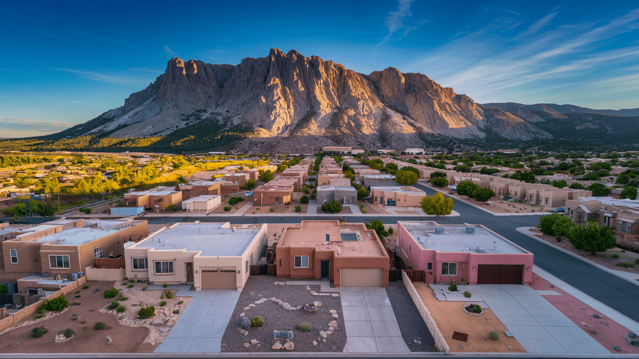 Aerial view of Albuquerque's Northeast Heights residential neighborhoods with the Sandia Mountains in the background, late afternoon summer light casting long shadows across tiled rooftops and tree-lined streets