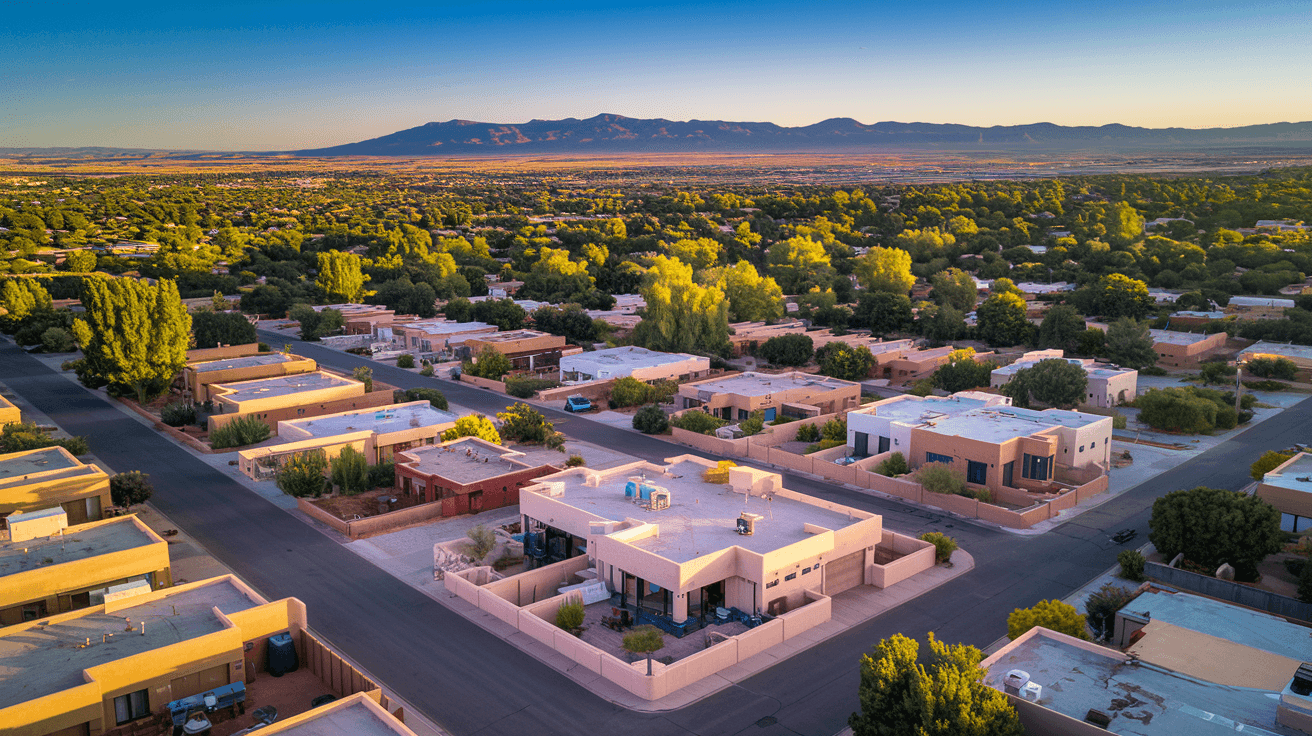 Aerial view of Albuquerque's Northeast Heights neighborhoods with the Sandia Mountains in the background at golden hour, showing a dense grid of residential rooftops and tree-lined streets