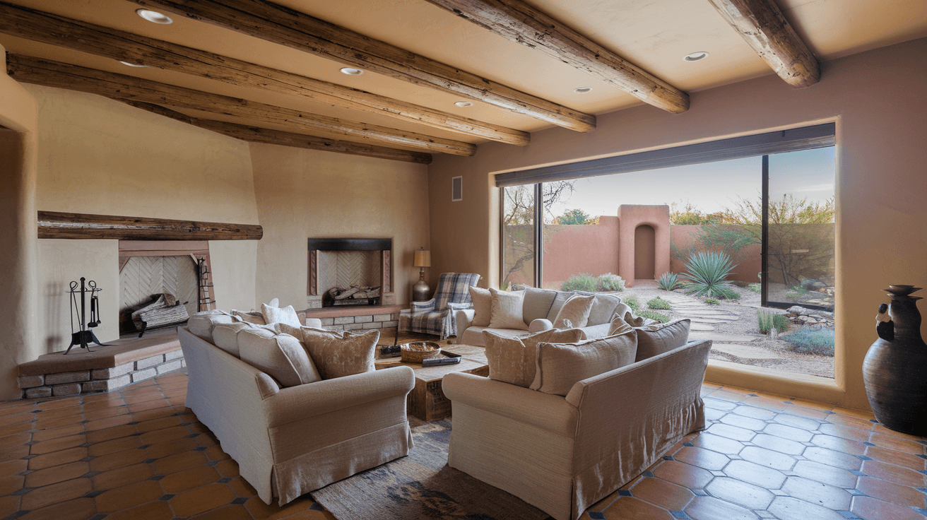 Interior of a staged Albuquerque home showing a bright, open living room with Saltillo tile floors, exposed vigas, and a view of a landscaped backyard with desert plantings