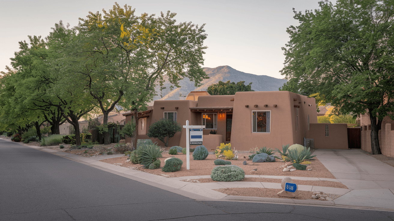 Street-level view of a well-maintained mid-century ranch home in Albuquerque's Northeast Heights with a for-sale sign in the front yard, mature cottonwoods lining the street, and the Sandia Mountains visible in the background