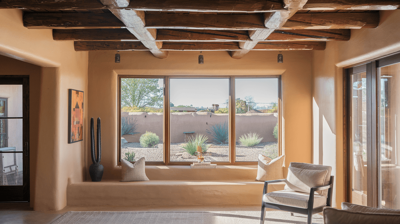 Interior of a bright, staged Albuquerque home with Southwestern architectural details, exposed vigas, and natural light streaming through large windows overlooking a landscaped backyard