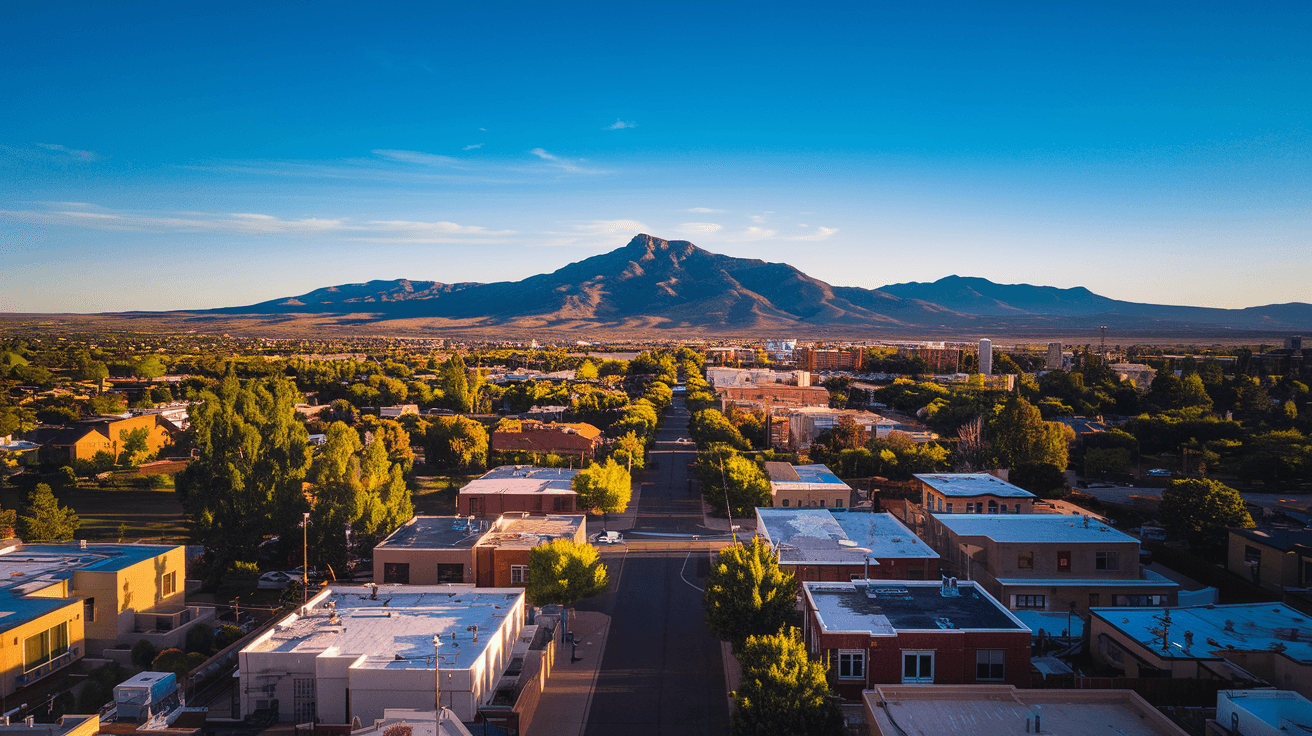 Aerial view of Albuquerque residential neighborhoods stretching toward the Sandia Mountains at golden hour, showing the density of the Northeast Heights and the Rio Grande bosque corridor
