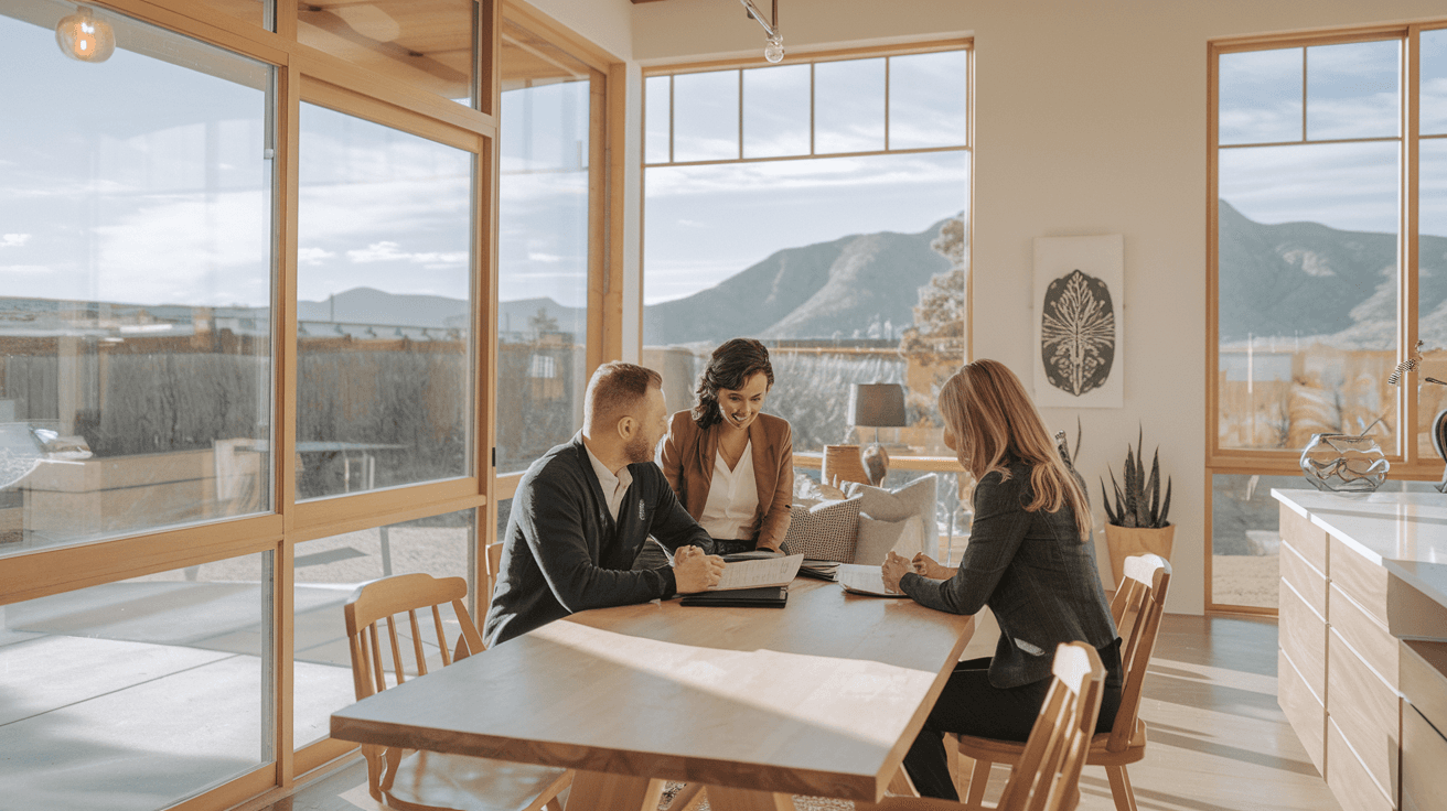 A real estate agent reviewing a purchase contract with clients at a kitchen table inside a modern Albuquerque home, natural light through southwest-facing windows, Sandia Mountains barely visible through glass