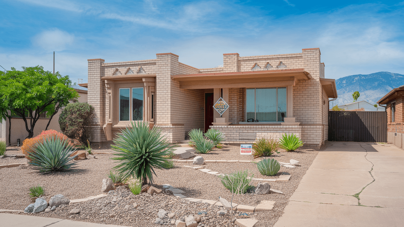A well-maintained 1970s ranch-style home in Albuquerque's Northeast Heights neighborhood with a manicured xeriscape front yard, Zia-style architectural details, and the Sandia Mountains visible in the background