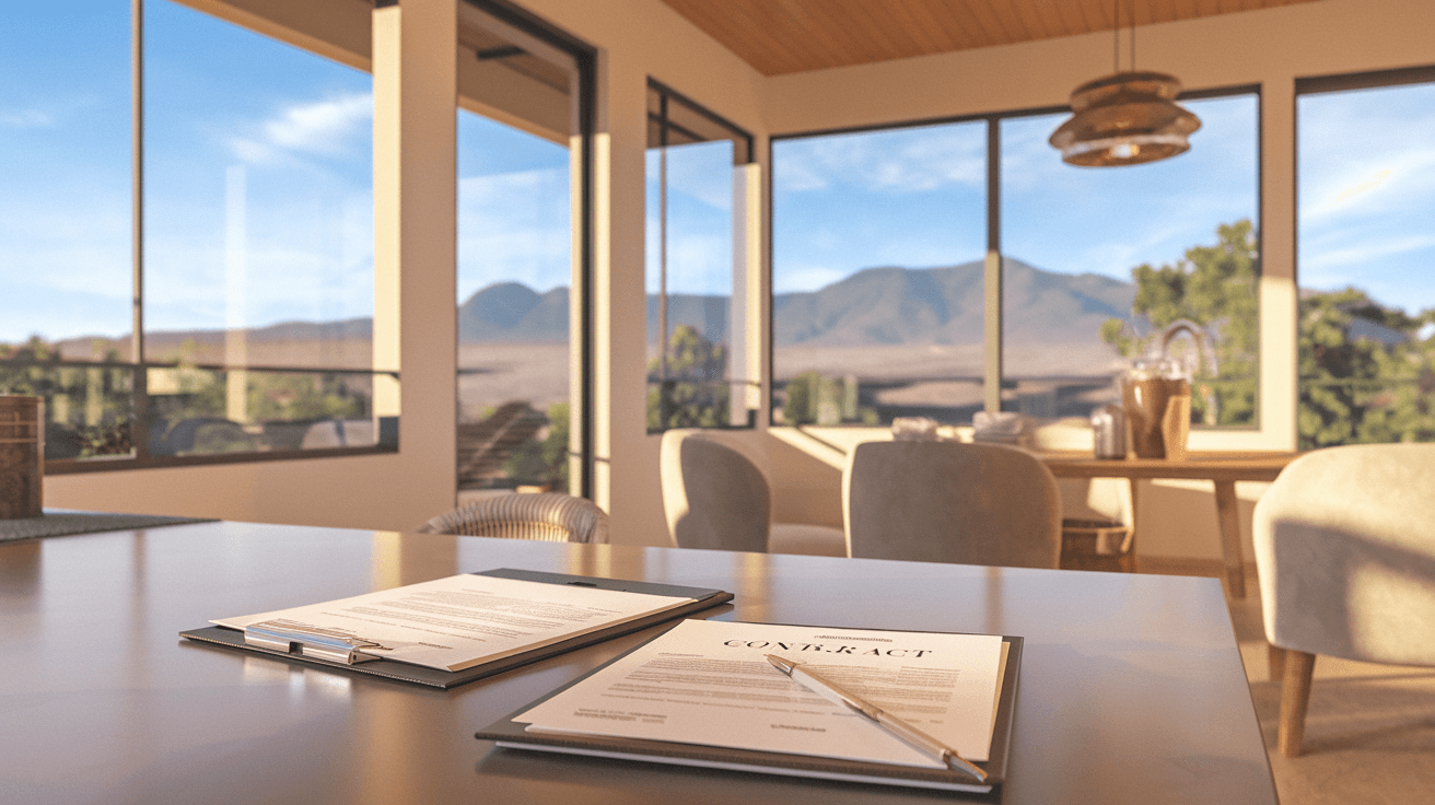 A real estate agent reviewing a purchase contract with a young professional couple at a kitchen table in a bright, modern Albuquerque home with Sandia Mountain views through the window