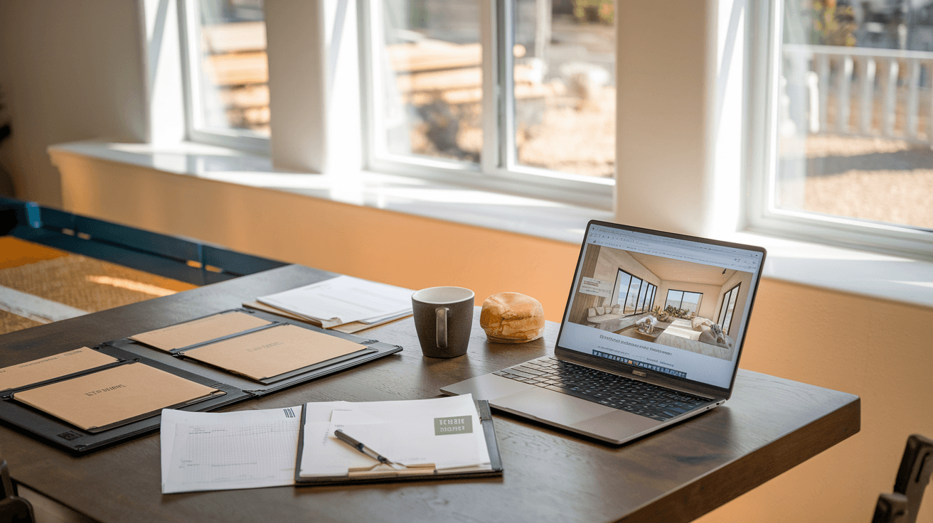 A real estate agent reviewing documents with a couple at a kitchen table in a modern Albuquerque home, natural light coming through southwest-style windows, no faces visible