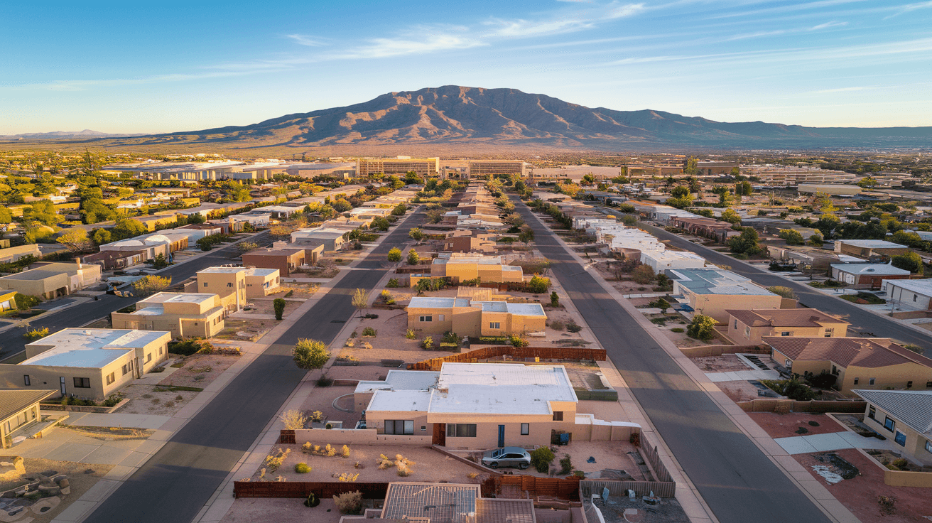 Aerial view of Albuquerque's Northeast Heights neighborhood with the Sandia Mountains in the background at golden hour, residential streets and rooftops visible below