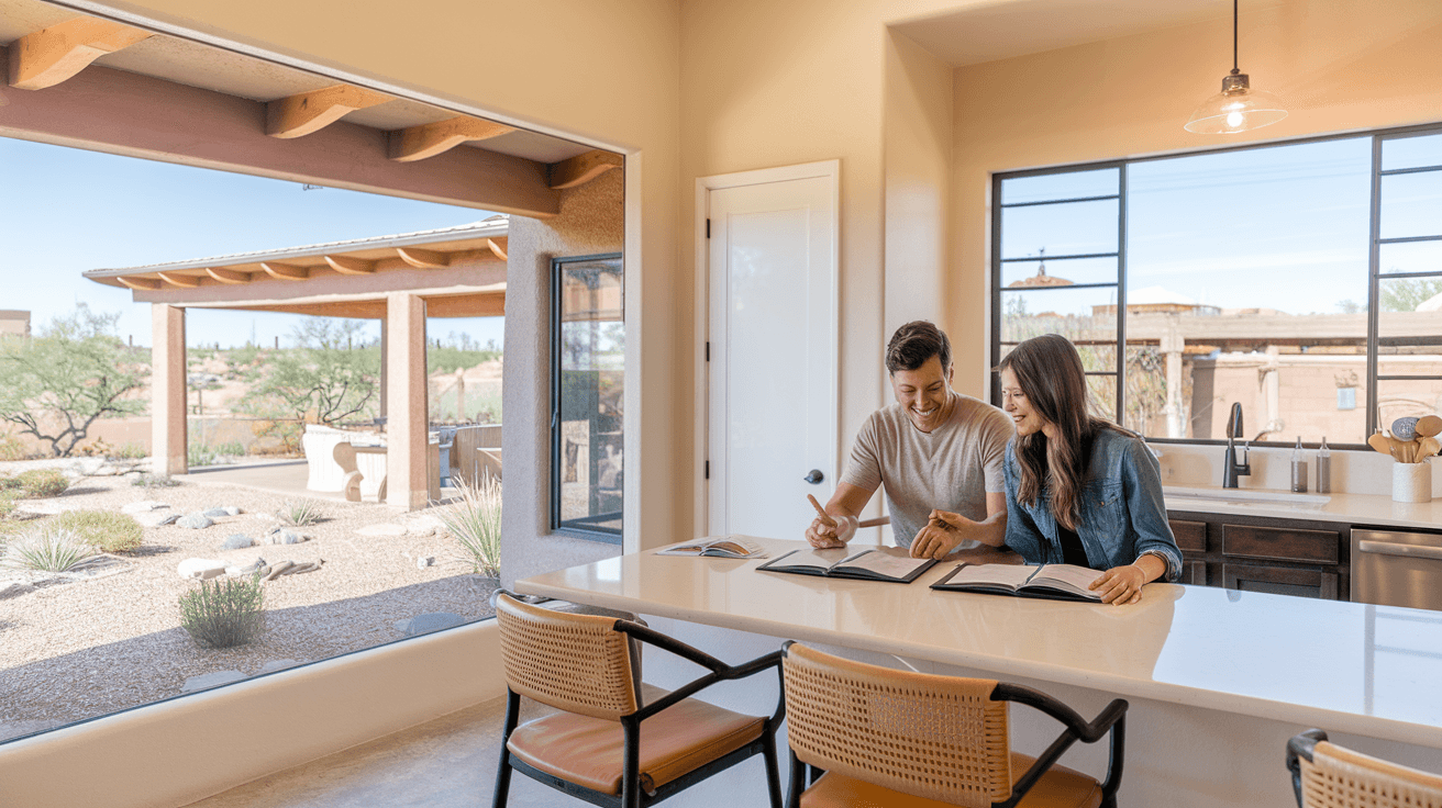 A young couple reviewing paperwork with a real estate agent at a kitchen table in a modern Albuquerque home, natural light coming through large windows with a view of desert landscaping