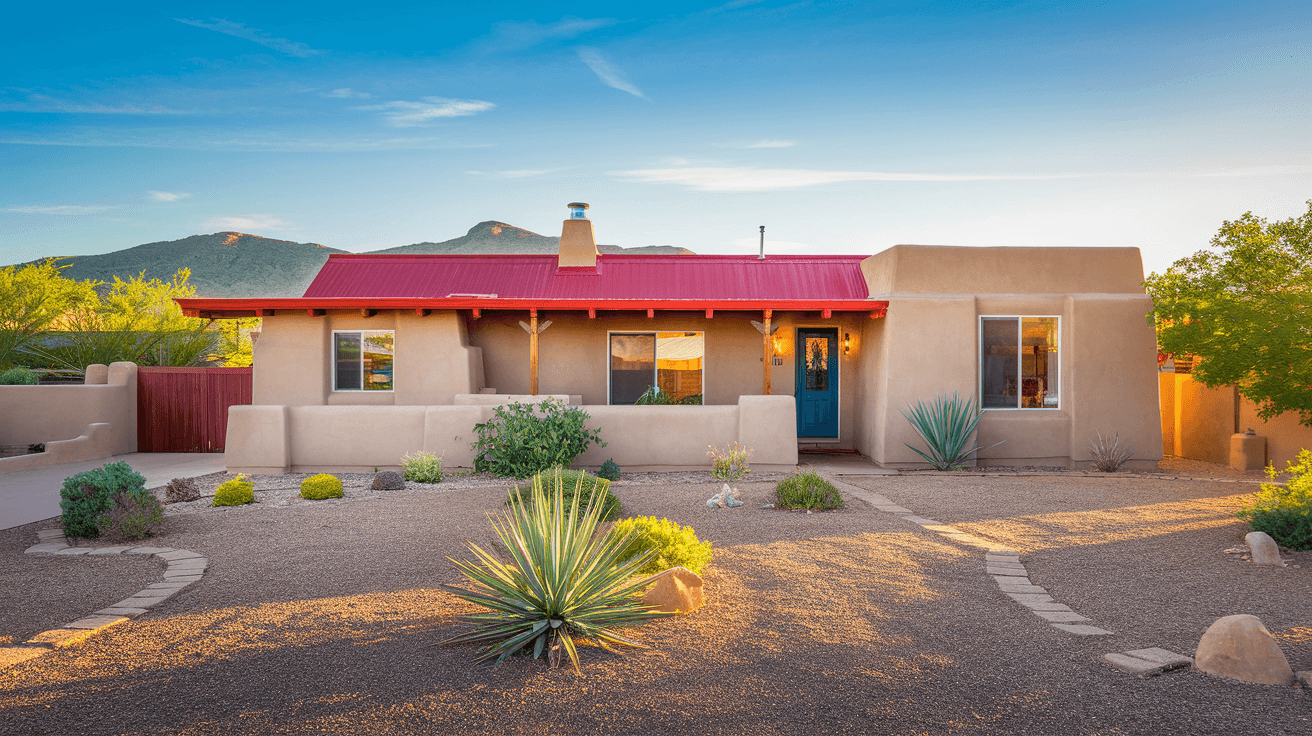 Street-level view of a well-maintained ranch-style home in the Northeast Heights neighborhood of Albuquerque, mature landscaping, Sandia Mountains visible in the background, warm afternoon light.