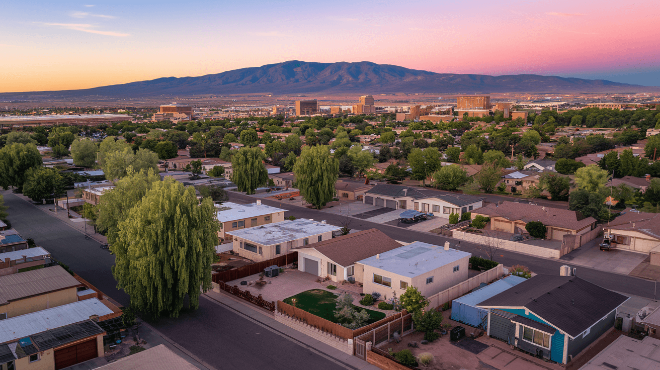 Aerial view of Albuquerque residential neighborhoods stretching toward the Sandia Mountains at golden hour, showing the density of single-family homes in the Northeast Heights and surrounding areas