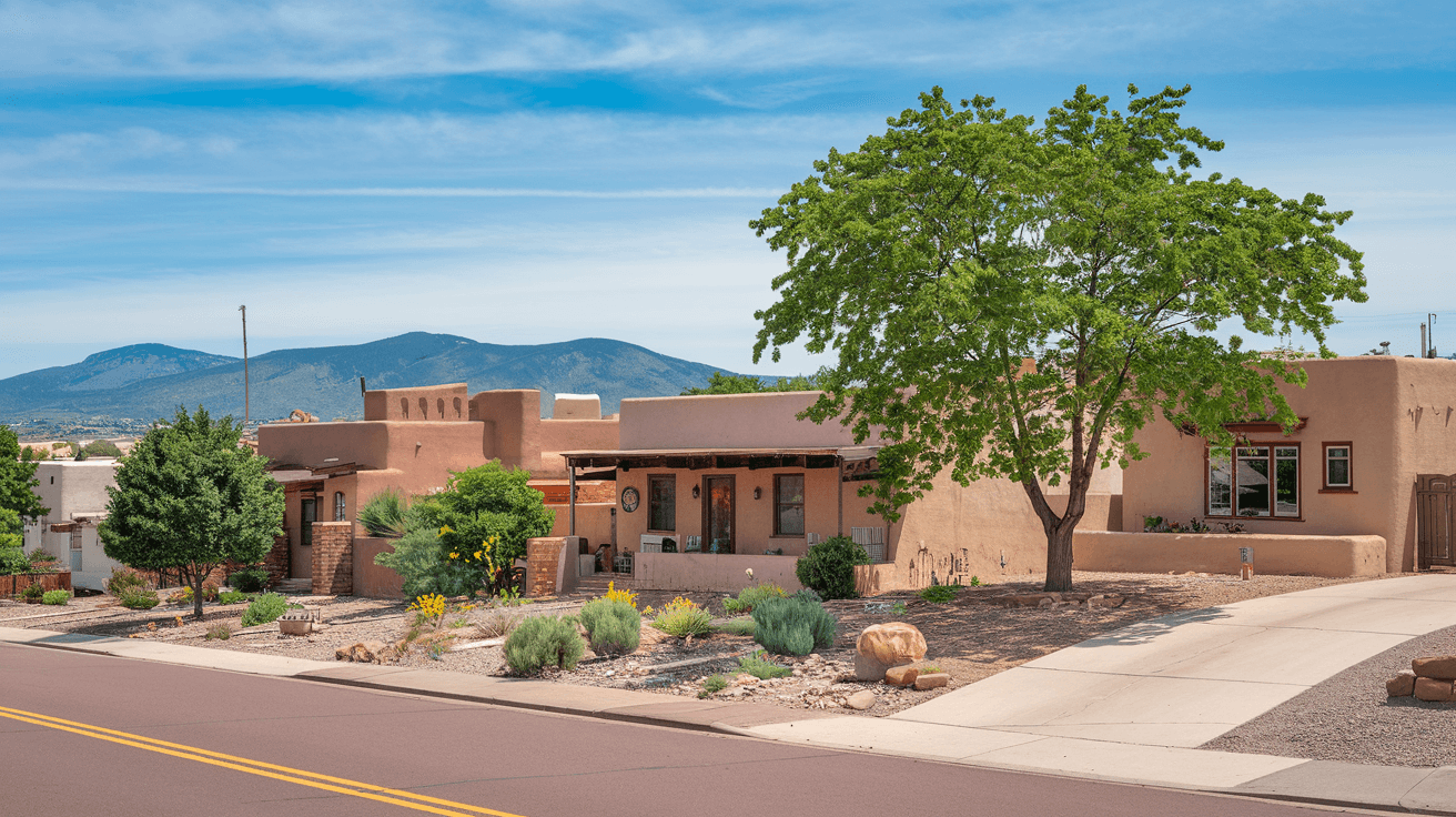 Residential street scene in the Northeast Heights neighborhood showing well-maintained ranch-style homes with Sandia Mountain backdrop, mature trees lining the sidewalk