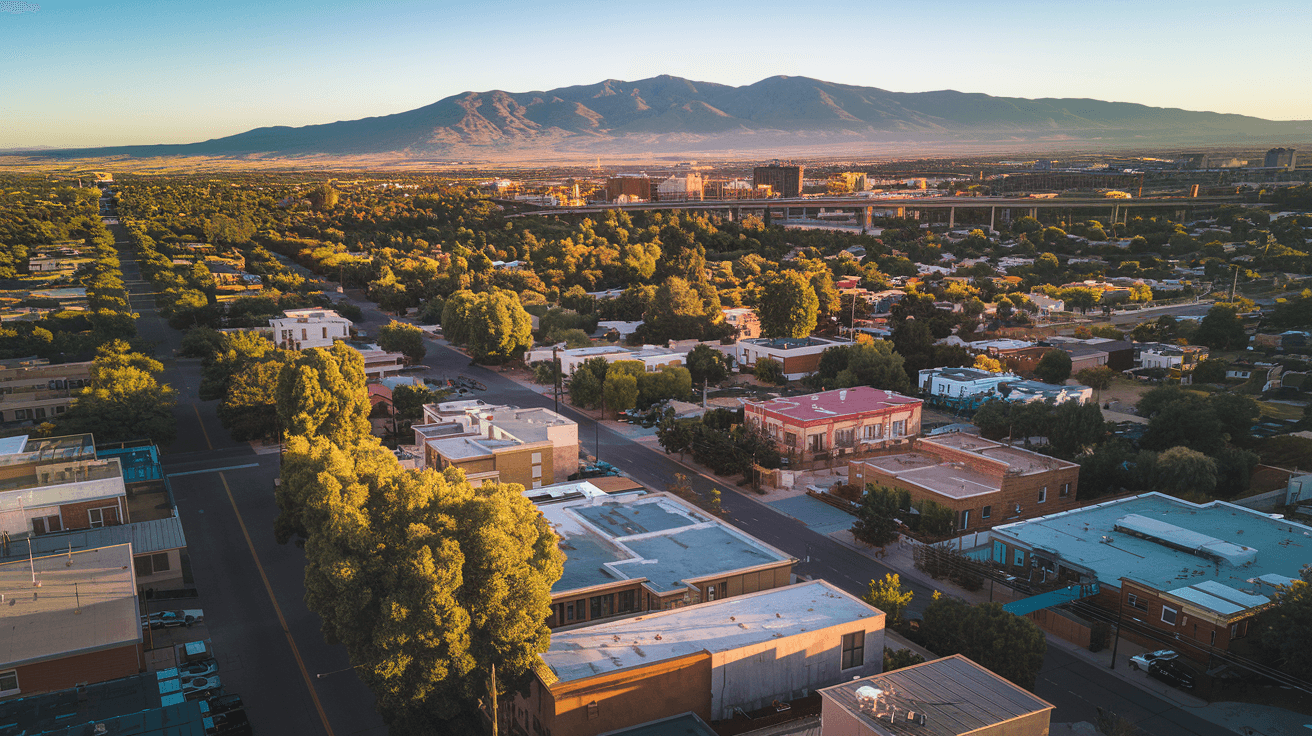 Aerial view of Albuquerque residential neighborhoods stretching toward the Sandia Mountains at golden hour, showing the density of the Northeast Heights and surrounding metro area