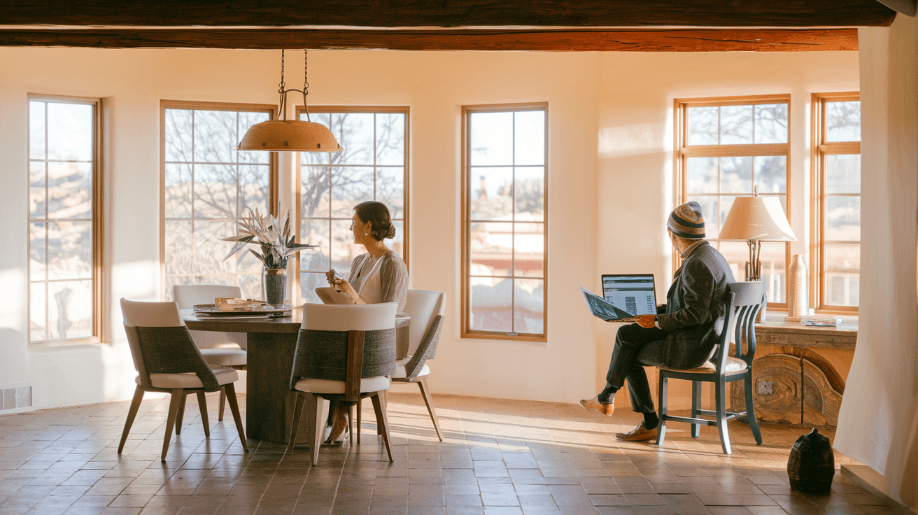 A couple meeting with a real estate agent at a kitchen table reviewing documents and a laptop showing home listings, in a modern Albuquerque home with desert-toned interior design