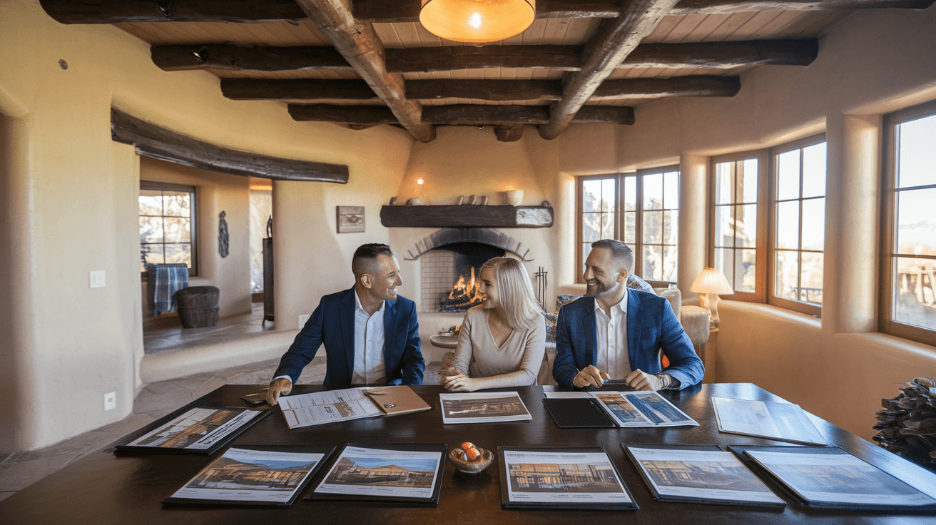 A couple reviewing home listing documents with a real estate agent at a kitchen table inside a well-lit Albuquerque home with traditional Southwestern architectural details