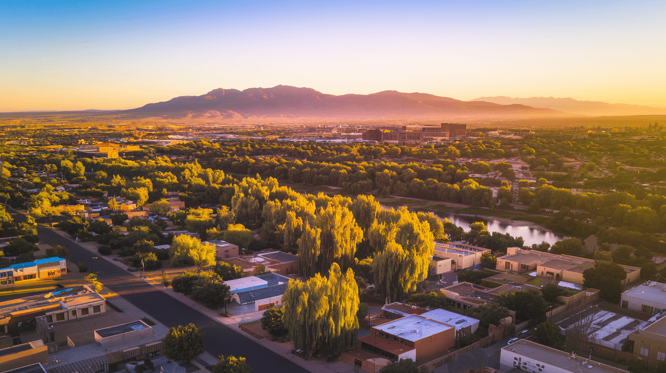 Aerial view of Albuquerque's residential neighborhoods stretching toward the Sandia Mountains at golden hour, with the Rio Grande visible in the distance