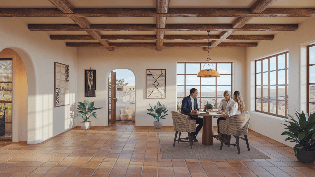 A couple reviewing home purchase documents with a real estate agent at a table inside a bright Albuquerque home with exposed vigas and tile floors