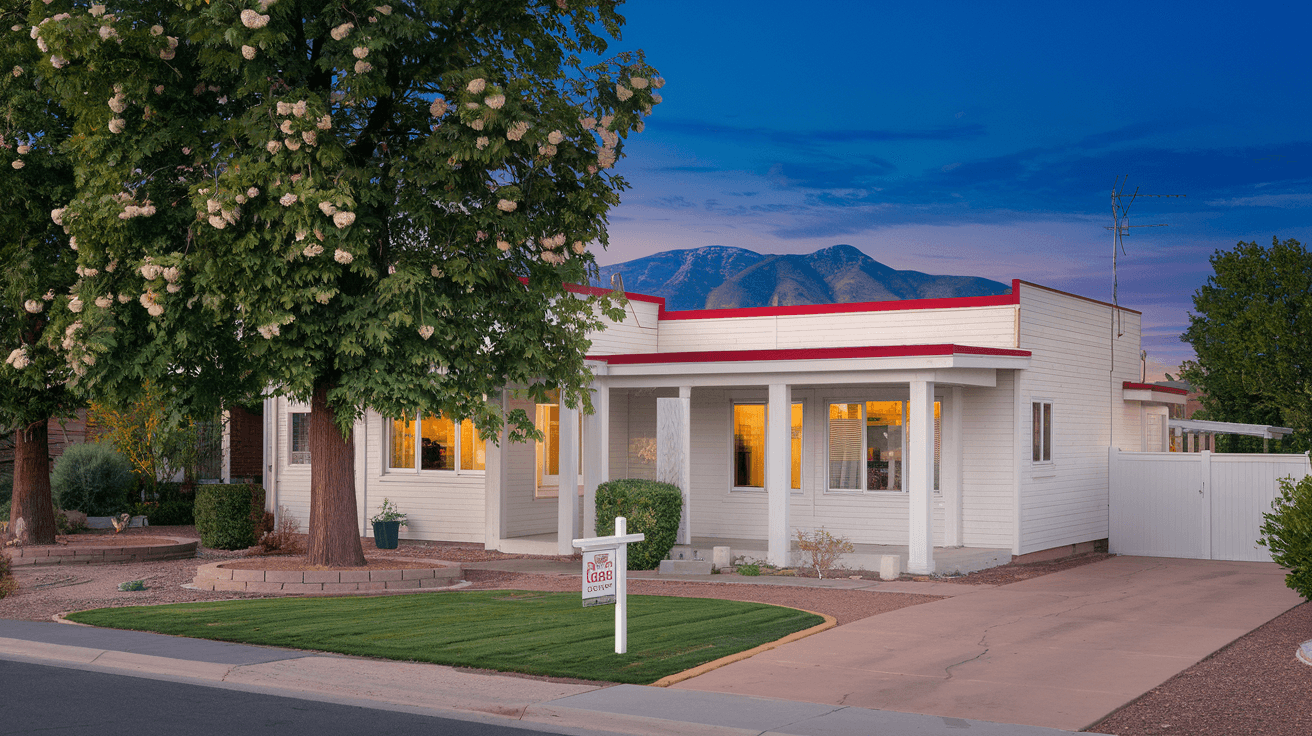 A well-maintained mid-century ranch home in the Northeast Heights neighborhood with mature landscaping and a mountain view backdrop, representing typical inventory in that submarket