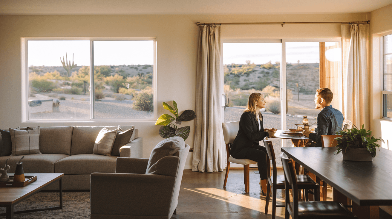 A couple reviewing documents with a real estate agent at a dining table in an Albuquerque home, natural light coming through large windows, representing the buyer consultation process