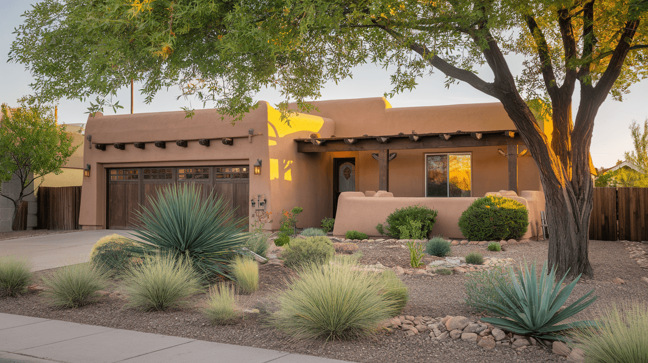 A well-maintained adobe-style home in Nob Hill with mature cottonwood trees and a xeriscaped front yard, afternoon light, no people visible