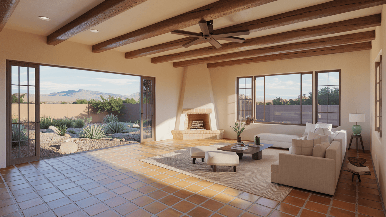 Interior of a staged Albuquerque home with Saltillo tile floors, vigas ceiling, and large windows overlooking a private desert landscaped backyard