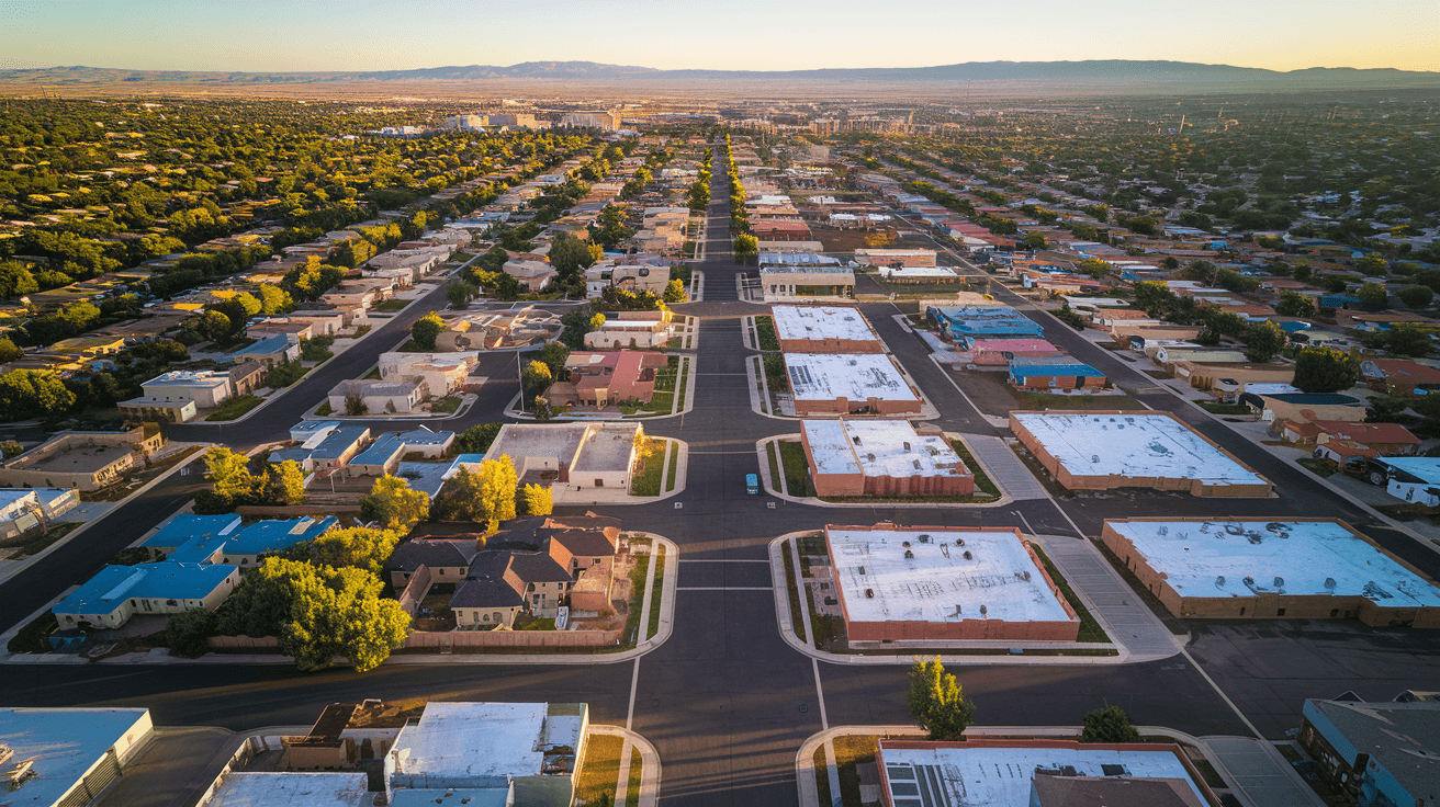 Aerial view of Albuquerque's residential neighborhoods stretching toward the Sandia Mountains at golden hour, with the Rio Grande visible in the distance