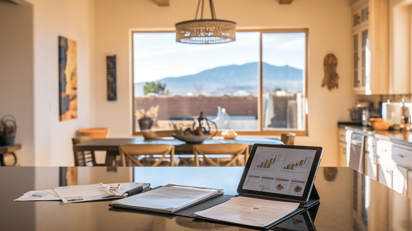 A real estate agent reviewing documents with a couple at a kitchen table inside a well-lit Albuquerque home, with Sandia Mountain views visible through the window