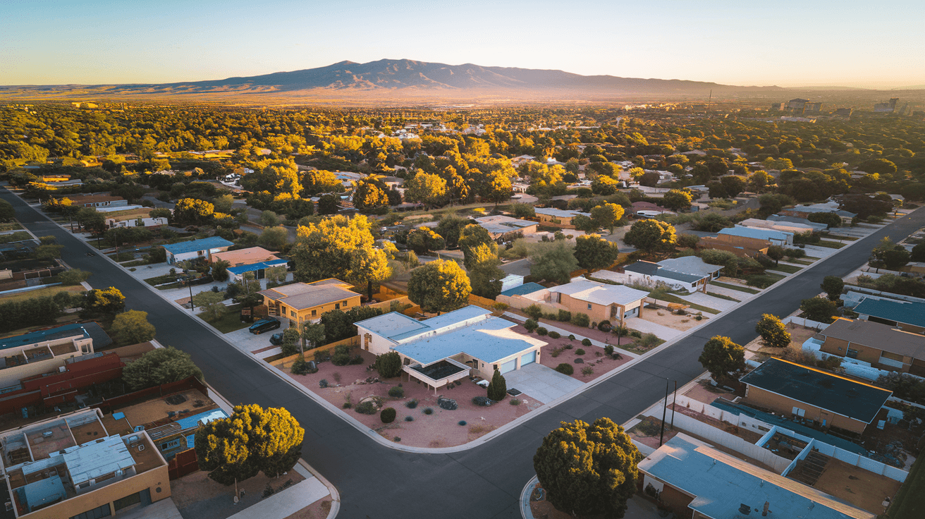 Aerial view of Albuquerque's Northeast Heights neighborhoods with the Sandia Mountains glowing pink at sunset, residential streets and mature trees visible below