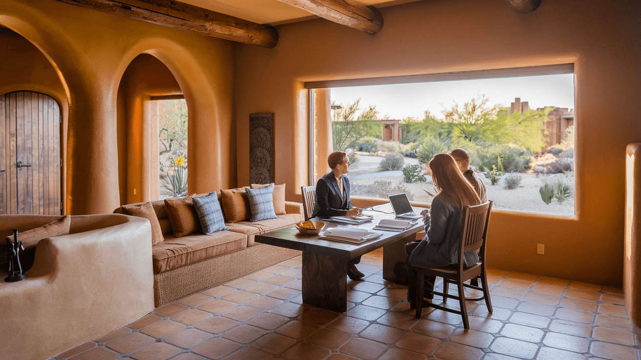 A couple reviewing home listing documents at a kitchen table with a real estate agent, natural light from a Southwestern-style window, warm interior tones
