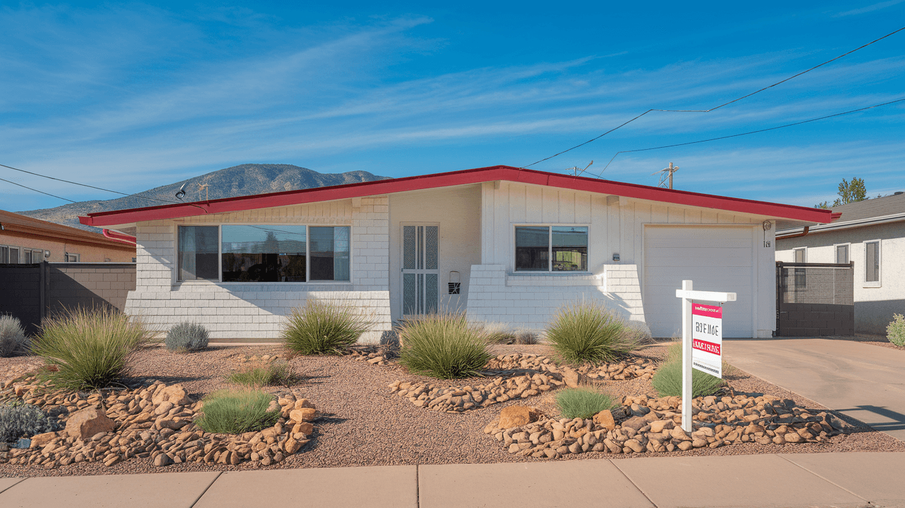 A well-maintained mid-century ranch home in Albuquerque's Northeast Heights with a for-sale sign, xeriscaped front yard, and the Sandia Mountains visible in the background