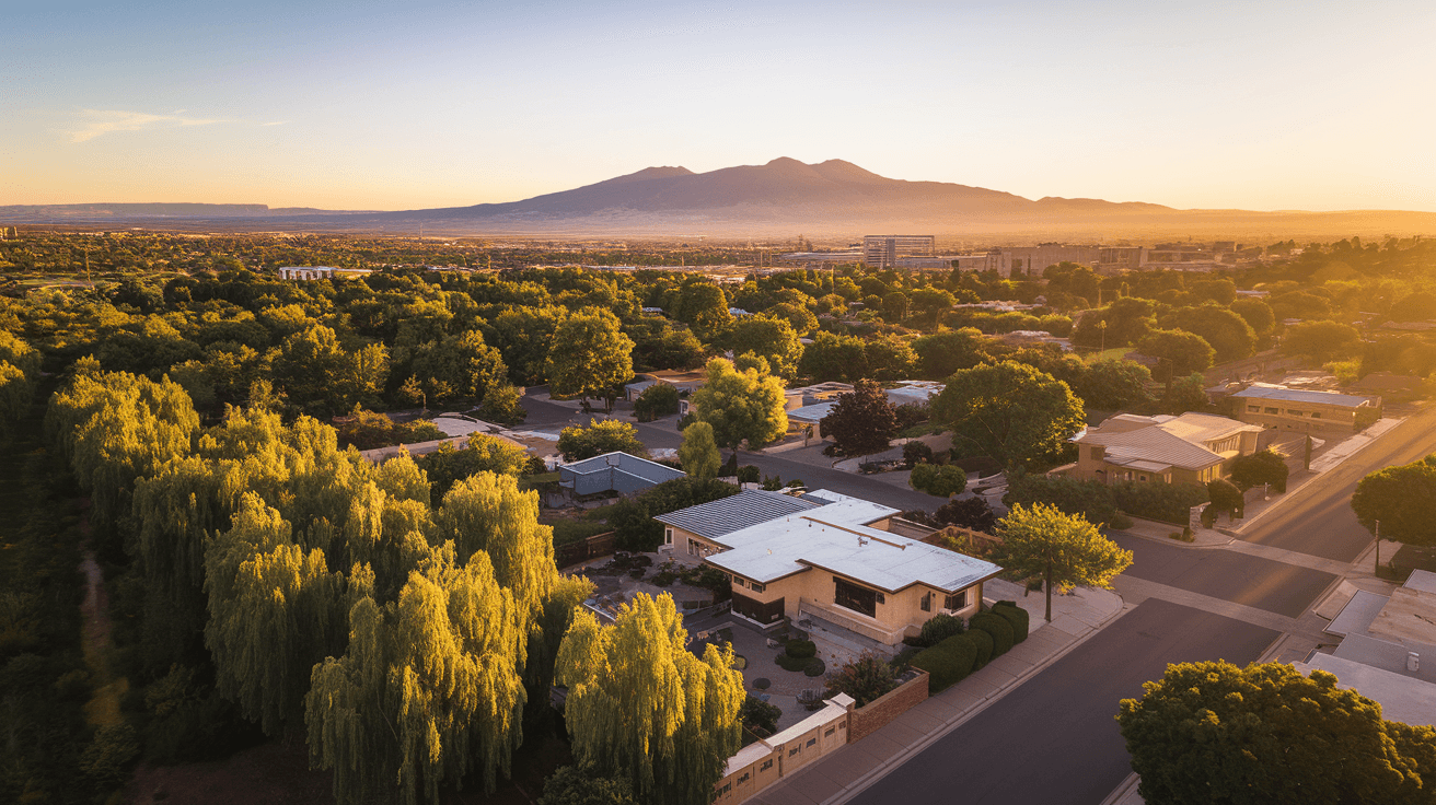 Aerial view of Albuquerque residential neighborhoods at golden hour with the Sandia Mountains in the background, showcasing the sprawling metro from Northeast Heights toward the Rio Grande
