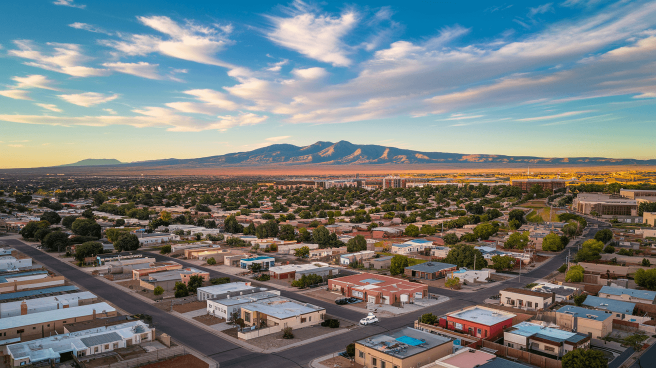 Aerial view of Albuquerque's residential neighborhoods stretching toward the Sandia Mountains at golden hour, with the Rio Grande visible in the foreground and the Paseo del Norte corridor below