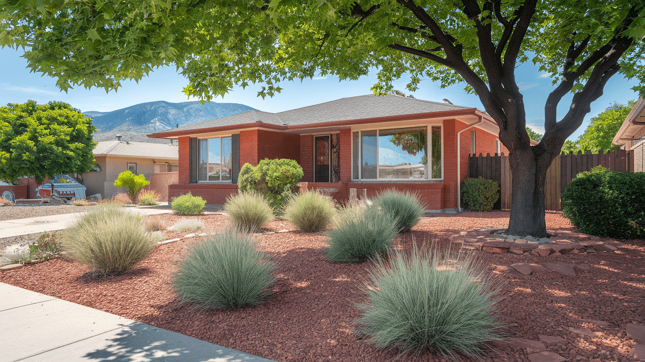 A well-maintained 1960s ranch-style home in the Northeast Heights with a xeriscaped front yard, red rock landscaping, and the Sandia Mountains visible behind the roofline