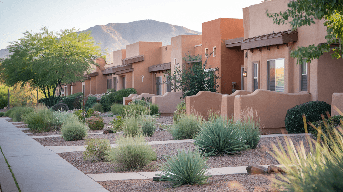Street-level view of a well-maintained townhome community in Albuquerque's Northeast Heights with xeriscaped front yards and Sandia Mountains in the background