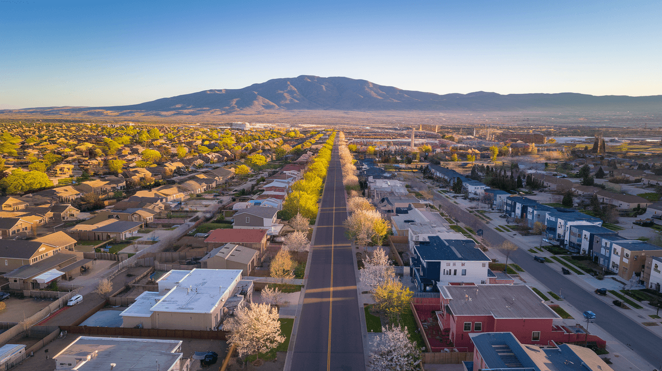 Aerial view of Albuquerque residential neighborhoods stretching toward the Sandia Mountains at golden hour, mid-spring foliage visible along the Rio Grande bosque corridor