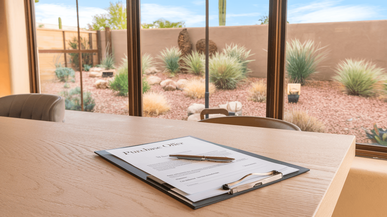 A real estate agent reviewing a purchase offer document at a kitchen table in a staged Albuquerque home, with large windows showing desert landscaping outside, no faces visible