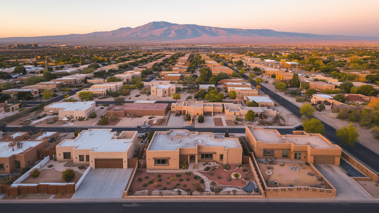 Aerial view of Albuquerque residential neighborhoods stretching east toward the Sandia Mountains at golden hour, with the Rio Grande visible to the west and a mix of adobe and contemporary homes below