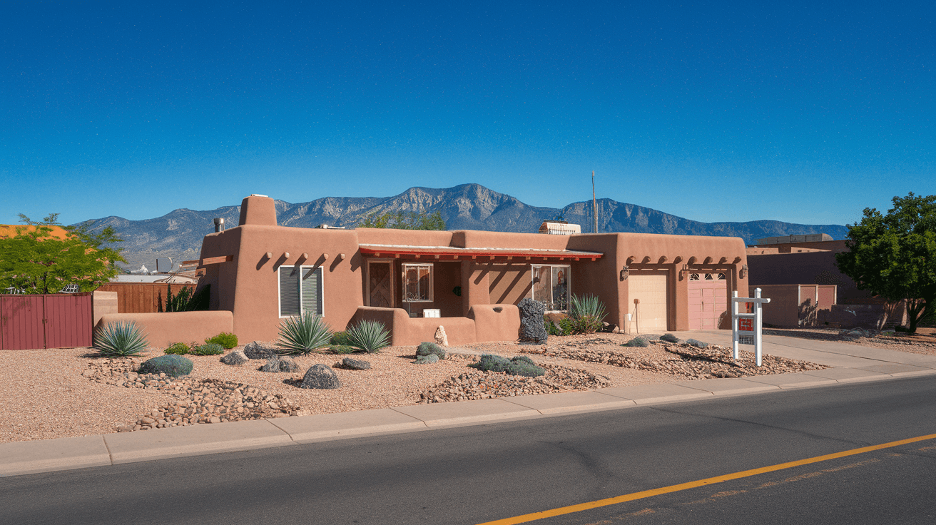 Street-level view of a well-maintained adobe-style home in Albuquerque's Northeast Heights with a for-sale sign, desert landscaping, and the Sandia Mountains visible in the background under a clear blue sky