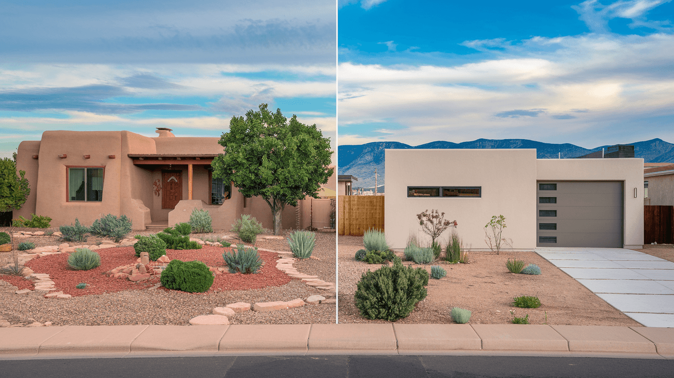 Split-view photograph showing a classic adobe resale home in the Northeast Heights alongside a new construction home in Rio Rancho, representing the new construction vs. resale comparison in the Albuquerque metro