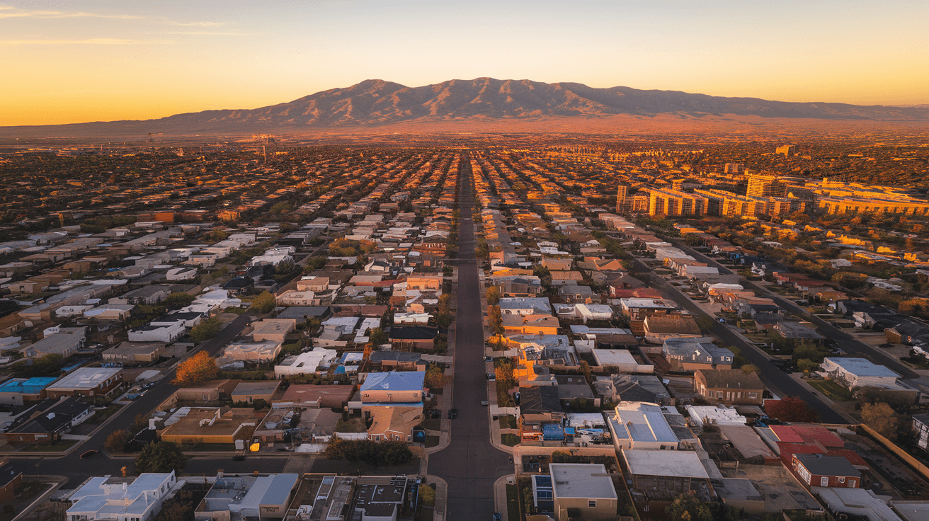 Aerial view of Albuquerque residential neighborhoods stretching toward the Sandia Mountains at golden hour, showing the mix of established neighborhoods and new development corridors