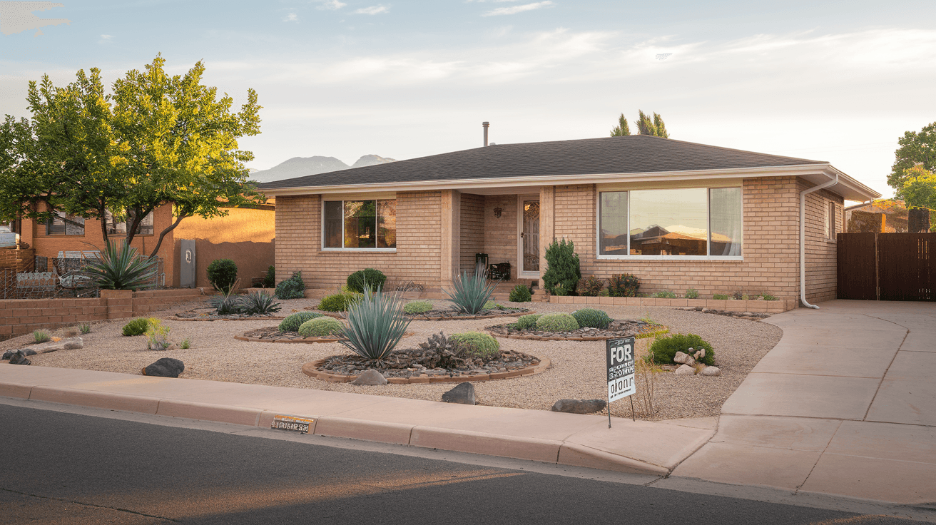 A well-maintained 1960s ranch-style home in Albuquerque's Northeast Heights neighborhood with a xeriscape front yard, Sandia Mountains visible in the background, warm afternoon light