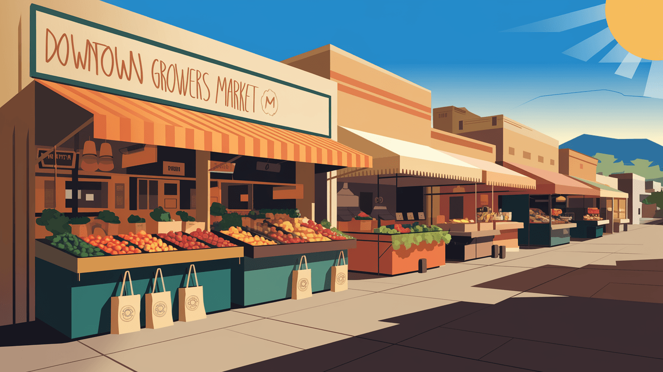 A sun-drenched Saturday morning at the Downtown Growers Market in Albuquerque, with colorful produce stands, canvas tote bags, and the Sandia Mountains visible in the background under a clear blue June sky