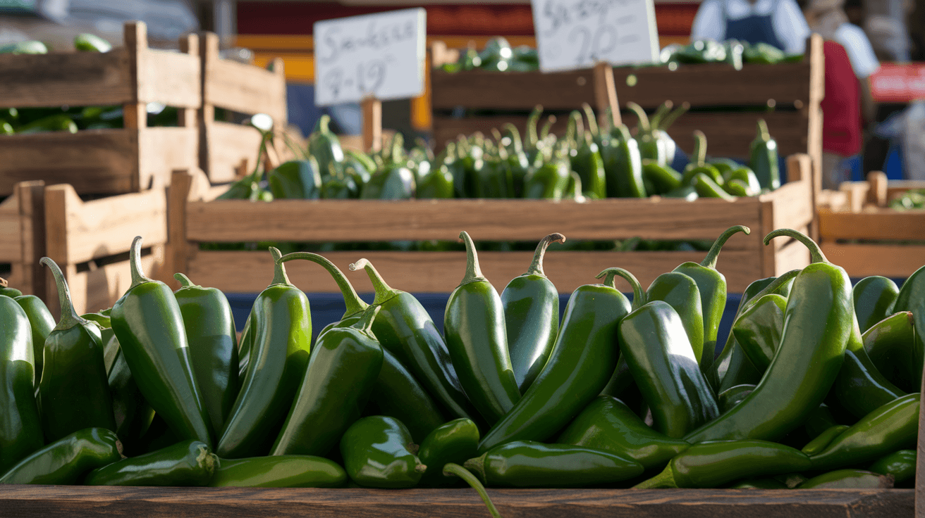 Rows of fresh Hatch green chiles displayed at an outdoor New Mexico farmers market, morning light catching the glossy skins, wooden crates and handwritten price signs visible in the background