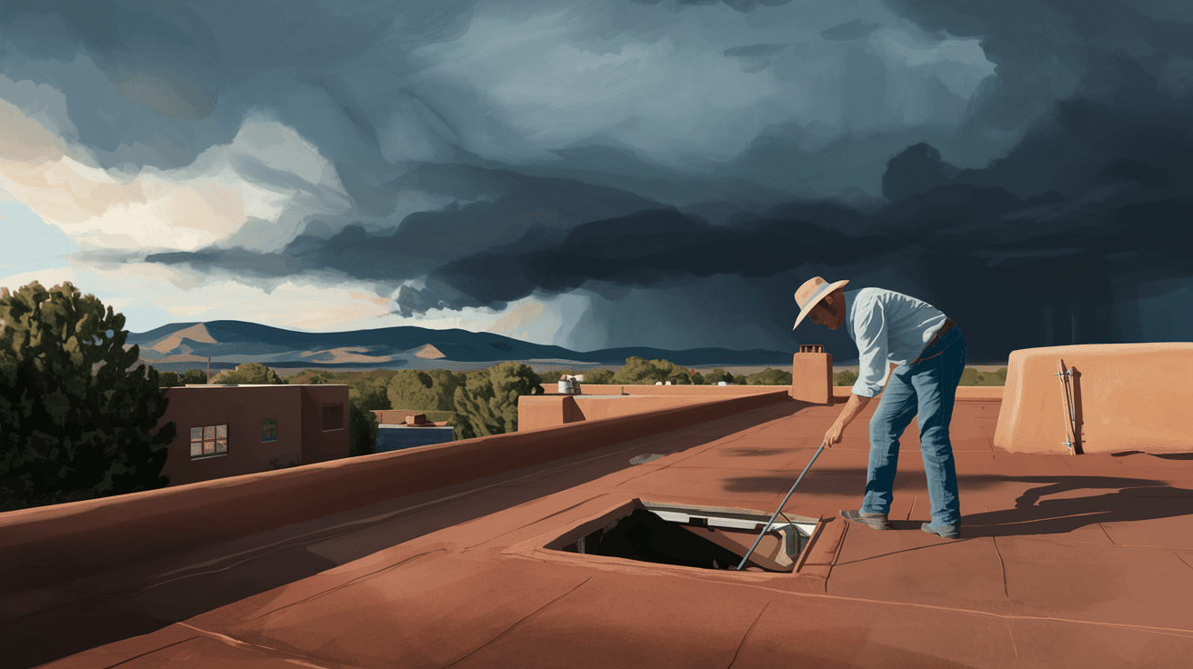 A New Mexico homeowner inspecting a flat roof's scupper drain before monsoon season, with dark storm clouds building over the Sandia Mountains in the background and a traditional adobe-style home visible below
